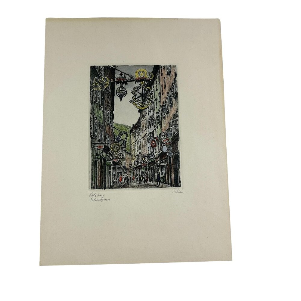Vintage Jalrburg Belgian Street Hand Tinted Pencil Art Etching Signed Rister